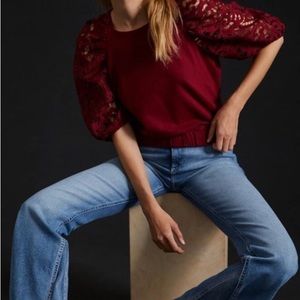 NWT Anthropologie DOLAN Lace-Sleeve Sweatshirt Wine Medium